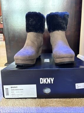 DKNY Taupe Suede Wedge Ankle Booties with Black Faux-Fur Cuff